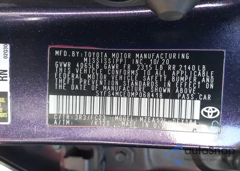 2021 Toyota Corolla Se from USA, damaged, VIN 5YFS4MCE0MP068418